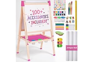 Blue Squid Art Easel for Kids with Paper Roll x 3, Includes 100+ Accessories, Double Sided Adjustable Wooden Painting Easel with Magnetic Chalk Board, White Board for Toddlers Ages 3,4,5,6,7,8,9,10,12