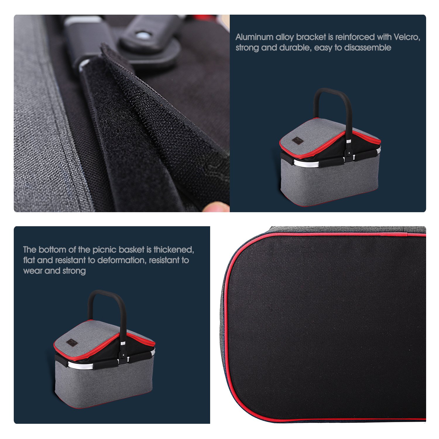 Collapsible Soft Cooler Bag 30L Family Size Insulated Folding Picnic Basket Service for 4 Person’s Food and Drink Keep Hot/Cold/Fresh for Hours Waterproof Insulation Tote With Aluminum Handle-Gray