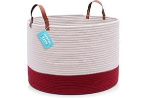 OrganiHaus Red Cotton Rope Baskets for Organizing 20x13, Extra Large Blanket Basket for Living Room, Toy Storage Baskets, Woven Laundry Baskets w/Leather Handles, Big Round Basket for Blankets