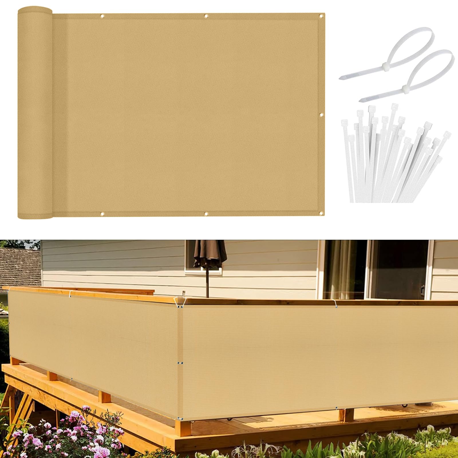 Sunnylaxx Balcony Privacy Screen 90x200 cm Fence Screen for Balcony and Patio,Balcony Cover, PES(170g/㎡) Water-Repellent Wind Protection,with Rope and Aluminium Eyelets Sand
