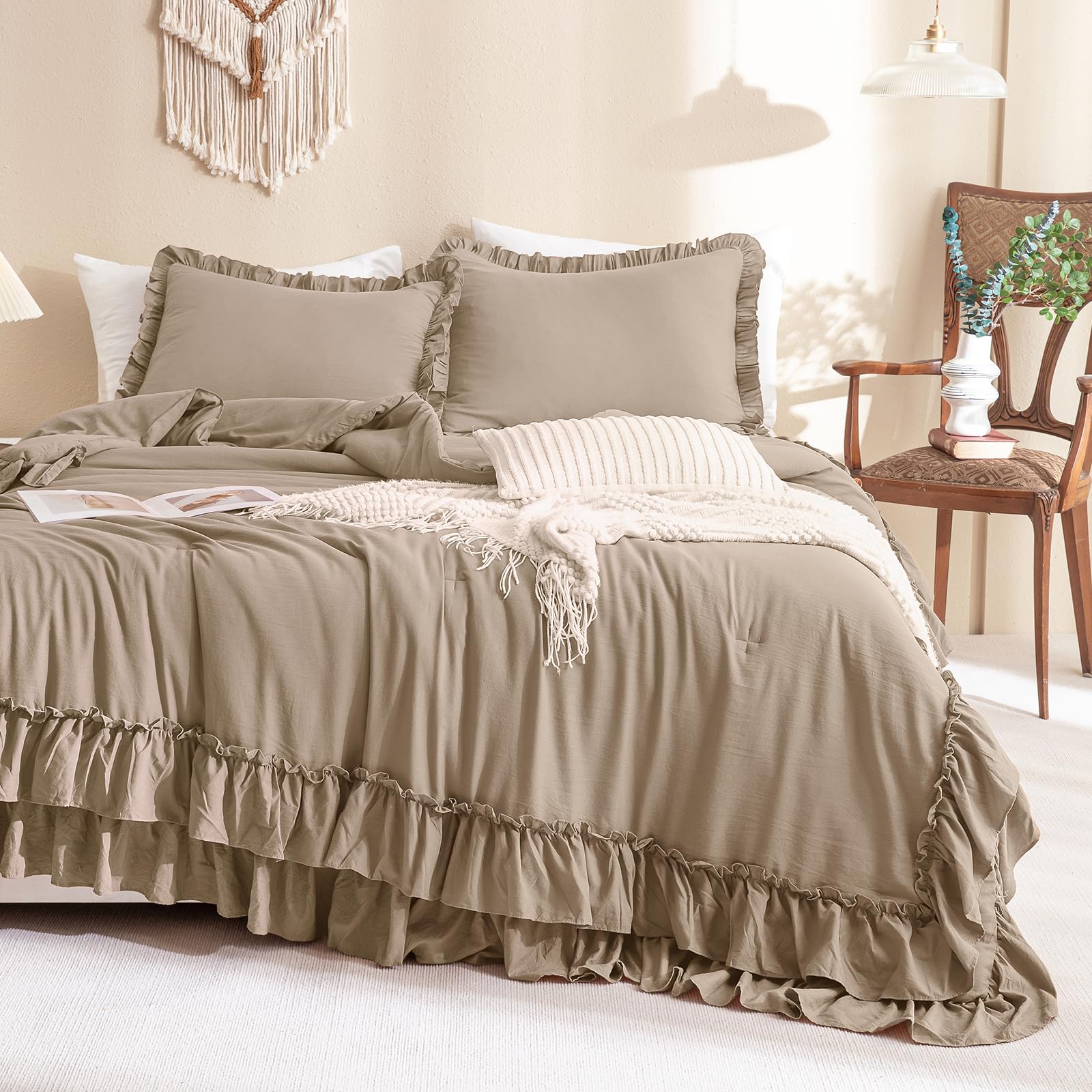 Photo 1 of (missing the shams) Masaca Ruffled King Comforter Set,Farmhouse Shabby Boho Bedding Comforter with Ruffles Lightweight Ultra Soft Vintage Rustic French Country Light Taupe Bedding 3 Pieces
