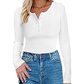 Long Sleeve Shirts for Women, Casual Solid Henley Tops Button Down Shirts, V Neck Blouses Basic Ribbed Knit T Shirts Tunic, Basic Fall Spring T-Shirts for Women for Cocktail Party Holiday (White,XL)