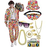 VillbeCoser 80s 90s Outfit for Men Tracksuit Costume, Hip Hop Hat Fanny Pack Ring Bracelet Gold Chain Rapper Sportswear