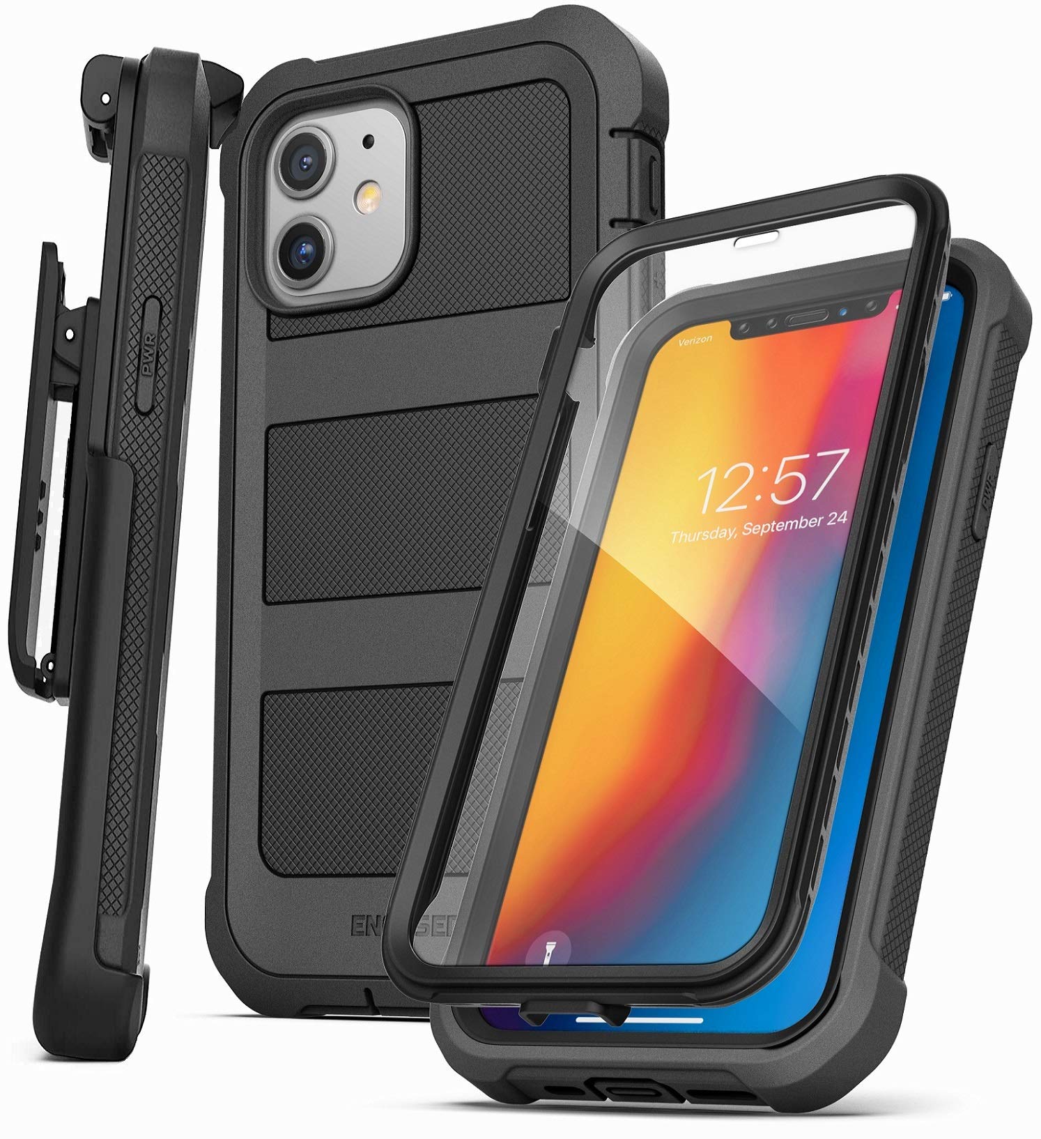 Encased Falcon Armor Designed for iPhone 12 Case with Built-in Screen Protector (Ultra Protective) Full-Body Cover with Belt Clip Holster (Black)