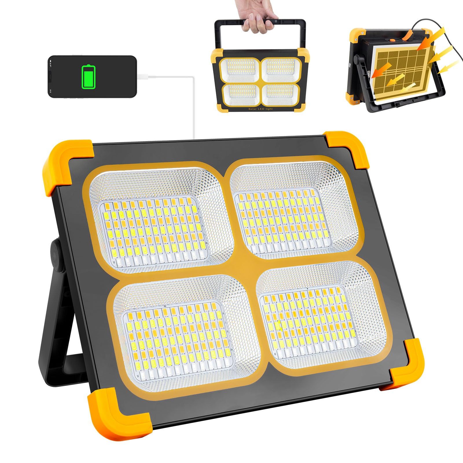 ErayLife 100W Rechargeable Work Light, FloodLights with 348Leds/ USB Port/Solar Panel/ 4 Lighting Modes, Portable Work Lights for Camping Emergency Workshop Garage Fishing