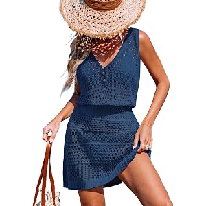 CUPSHE Coverups for Women Crochet Beach Dress | Sleeveless V Neck Swimsuit Coverup, Button Front, Hollow Out, Lightweight and