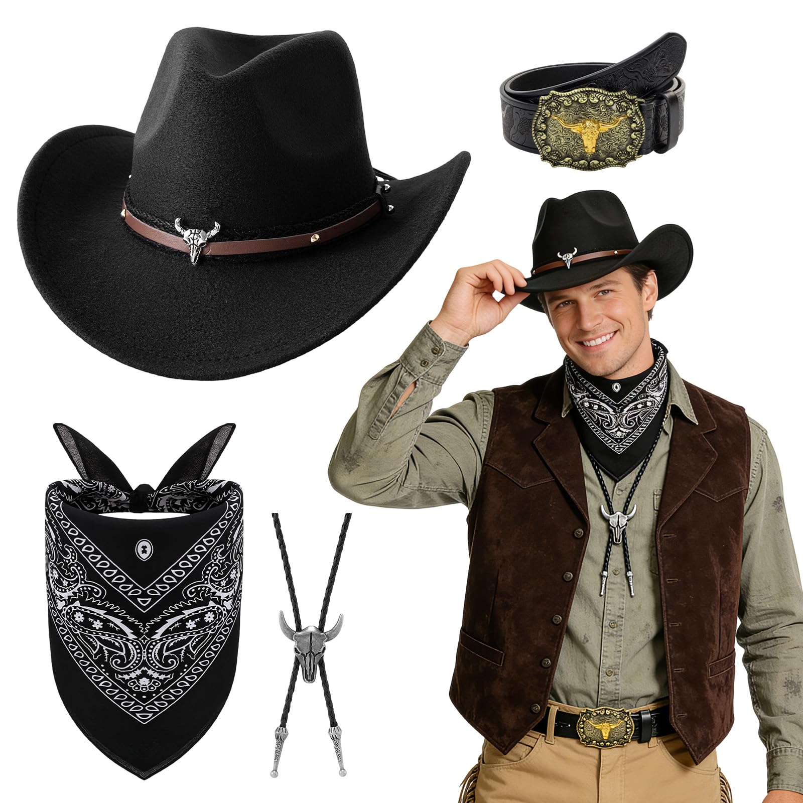 UxClishe 4Pcs Western Cowboy Accessories Set for Adults, Fancy Dress Kit with Cowboy Hat Bandana Necklace Belt Vintage Wild West Costume Outfit Kit for Hippie Halloween Theme Parties