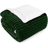 PAVILIA Emerald Green Sherpa Fleece Throw Blanket for Couch, Soft Plush Fuzzy Blankets, Fluffy Flannel Sherpa Blanket for Sofa, Warm 3D Ribbed Winter Blanket Gift, 50x60 inches