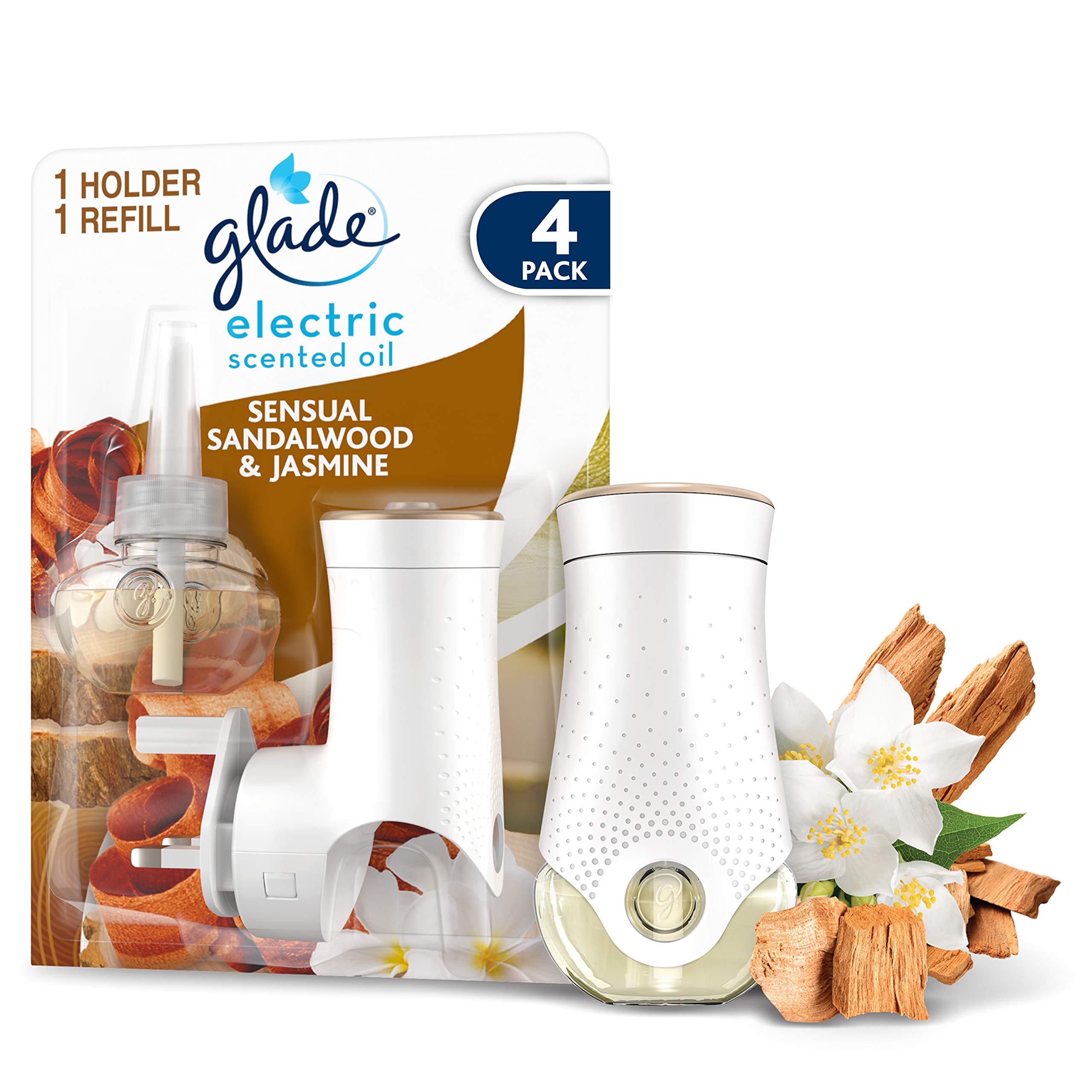 Glade Plug in Air Freshener Holder and Refill, Electric Scented Oil Room Air Freshener, Sandalwood & Jasmine, Pack of 4 Starter Kits, (4 x Holder and 4 x 20 ml Refill)