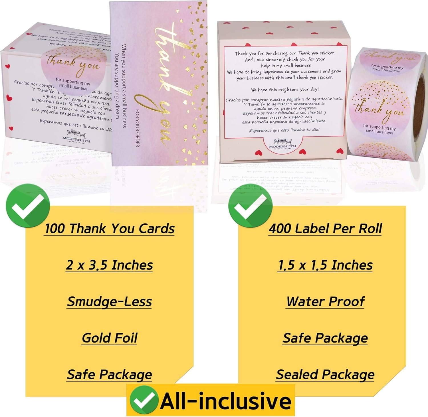 Modern 5th - 500PCS Thank You for Supporting My Small Business Cards and Stickers Set, Watercolor with Gold Foil Hearts (3.5x2 inches 100pcs Cards and 1.5" Round 400pcs Stickers) for Package Inserts: Kitchen & Dining