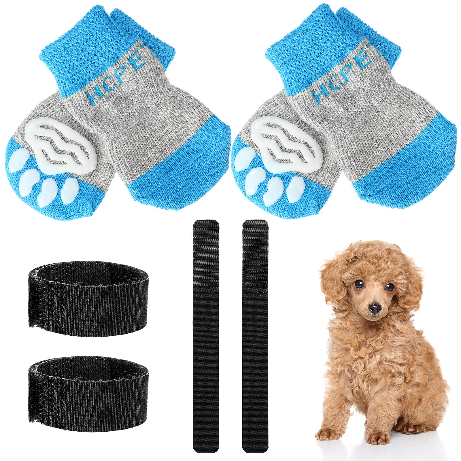 Xuniea 2 Pairs Anti-slip Dog Socks Soft Puppy Socks Anti-slip Protective Pet Paw Socks with Adjustable Straps Paw Patterns for Pet Indoor Outdoor Walking (Blue Gray,Medium)