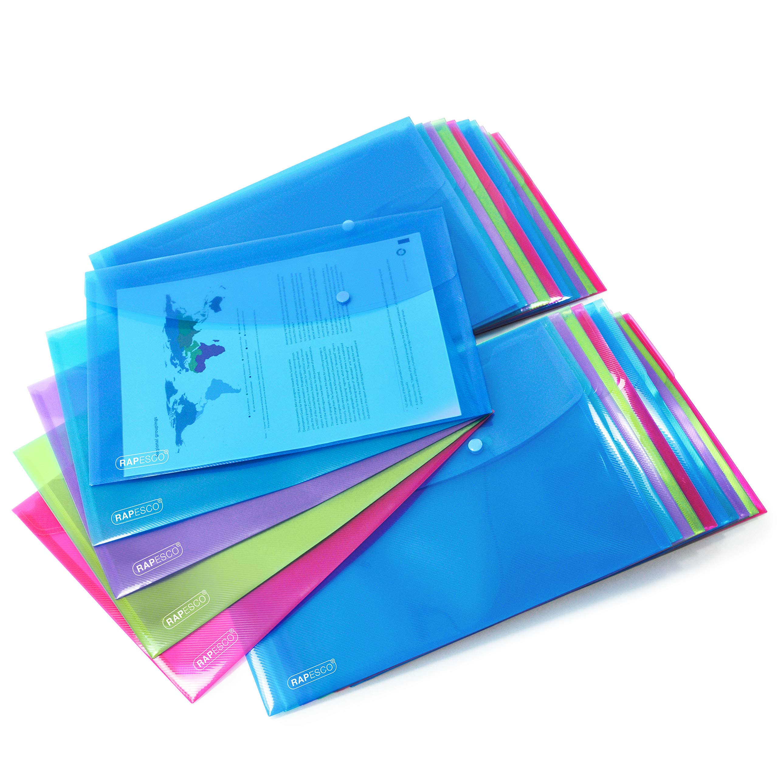 Rapesco 1494 ECO Recycled Popper Wallets, A4+, Assorted Bright Transparent Colours, Pack of 20
