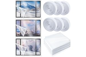 Beeveer 3 Set 75 x 79 Inch Window Insulation Kit Winter Window Plastic for Winterizing Home Cuttable Transparent Film with Adhesive Straps Reusable Thicken Thermal Waterproof Attic Cover Warm