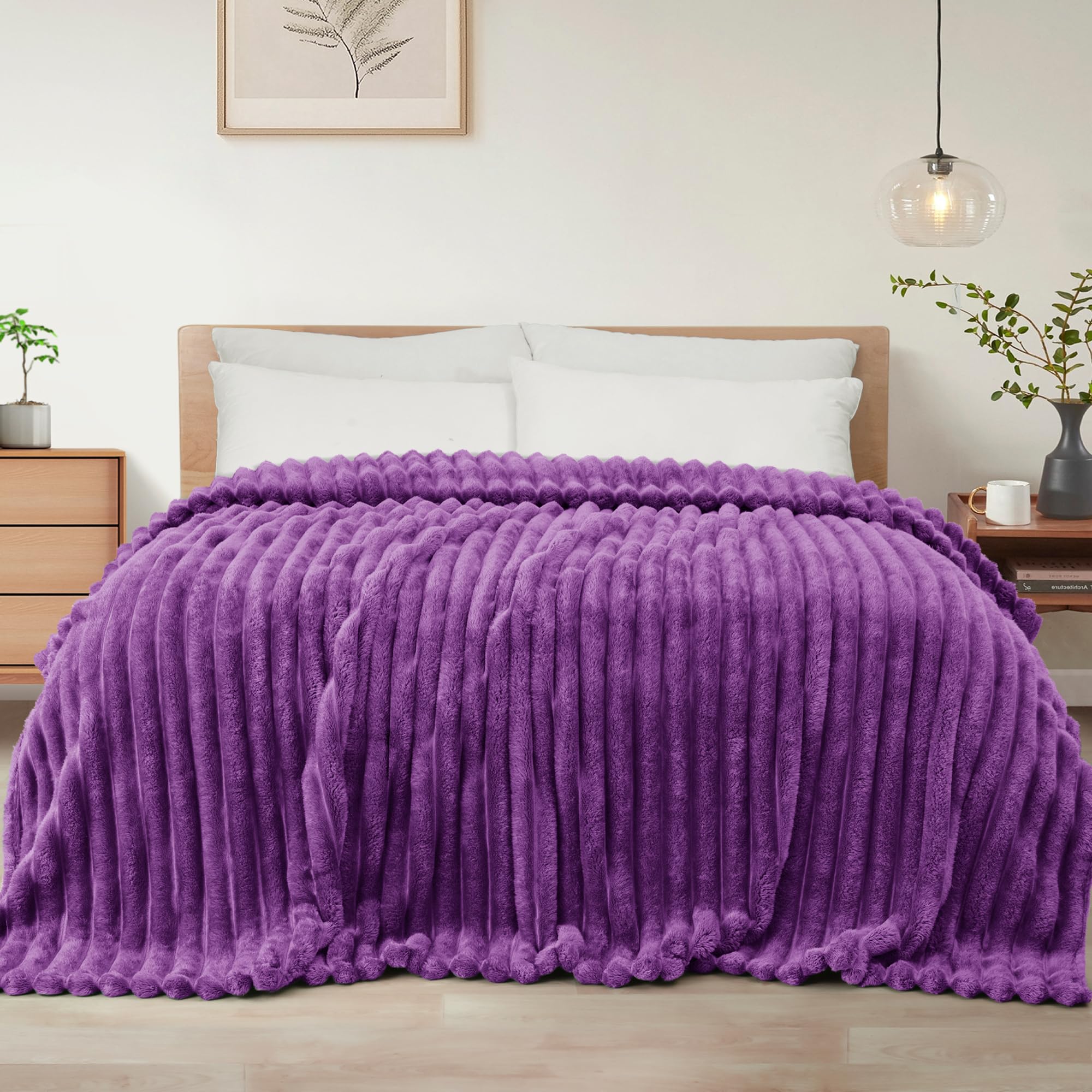Exclusivo Mezcla Double Size Flannel Fleece Blanket, Super Soft Striped Jacquard Bed Blanket, Lightweight Fuzzy Cozy for All Seasons, 150x200 CM, Purple