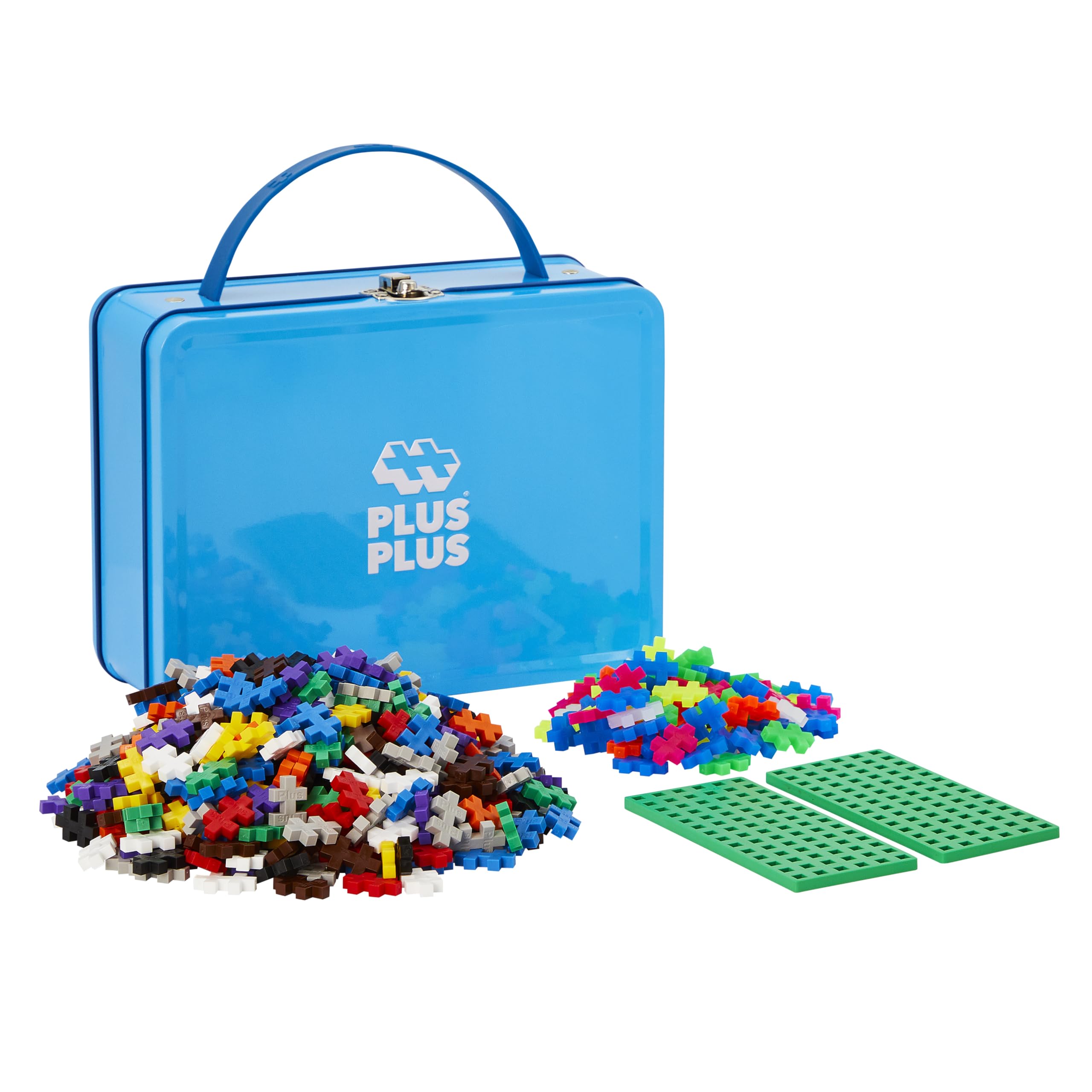 Plus Plus Building Blocks Toy and Storage Case - Includes 600 Pieces and 1 Baseplate - Kids Construction Toys, Creative Learning Resources, STEM Play for Home and Travel - Blue Metal Case Set