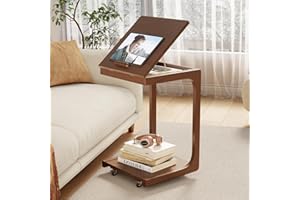 KASLANDI C Shaped Table for Couch, C Table with Wheels,Wooden Couch Table Adjustable Desktop for Living Room,Bedroom - Walnut