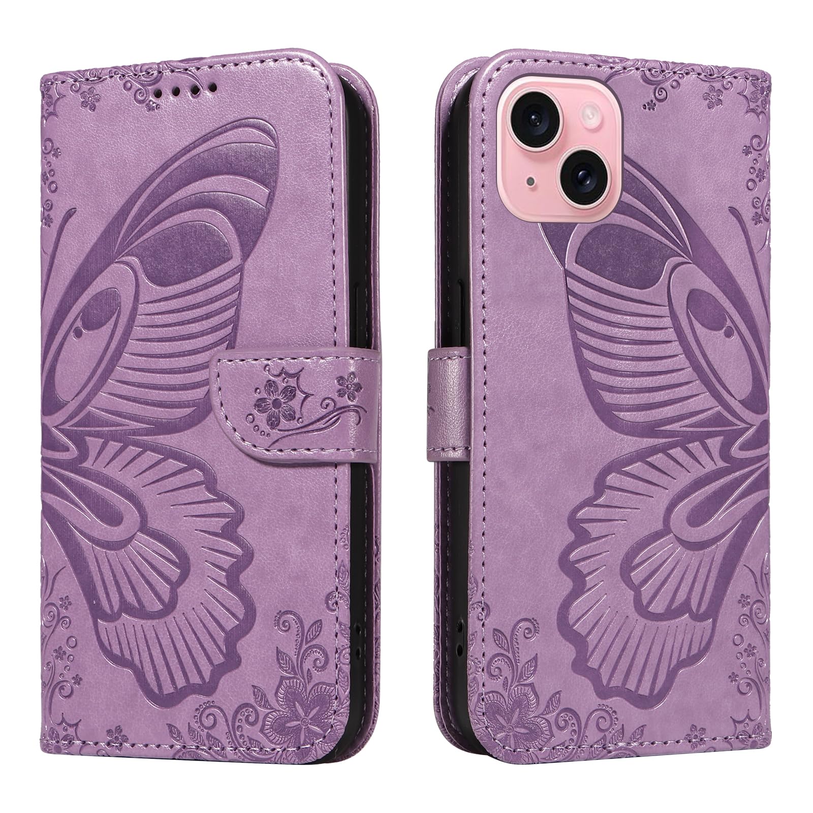 Wuhaizher iPhone 15 Case Butterfly Shockproof Leather Flip Folio Wallet Phone Case for Girly Women with Stand Card Holder Slots Silicone Bumper Cover for iPhone 15, Purple