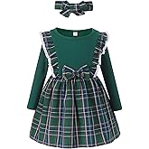 HIGHUZZA Toddler Girls Dress with Headwear: Cotton Long Sleeve Ruffle Plaid Dresses for Winter Christmas Party Gift 2-8T