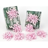 HUIHUANG Pink Bows for Gift Wrapping Self Adhesive Gift Bows Baby Pink Plaid Curly Ribbon Bow for Presents, Treat Bags, Baby Shower Favors, Wrapping Accessories -5 inch x 8 Counts