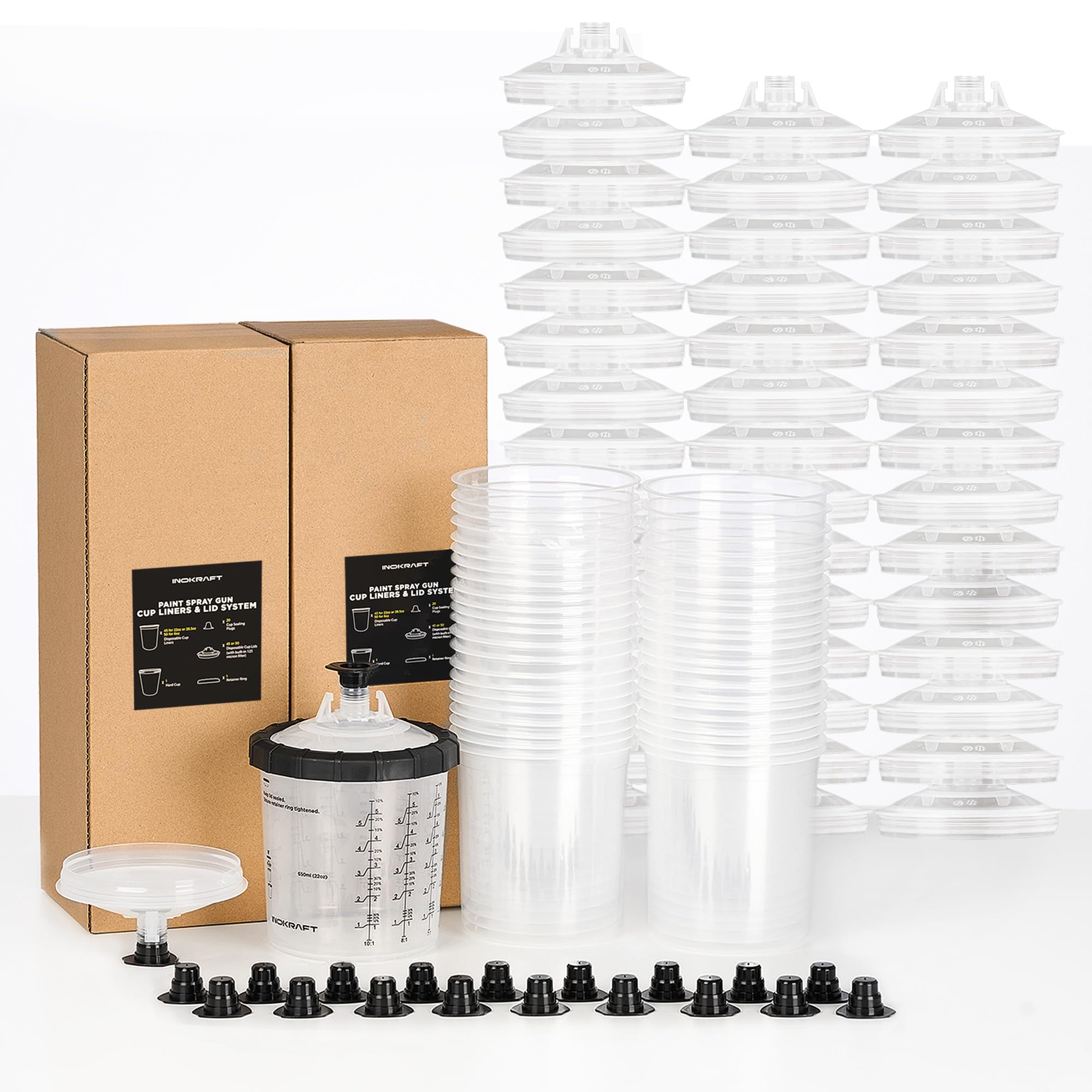 50 Pack Disposable Paint Spray Gun Cup Liners With Lids System Kit - 20oz / 600ml