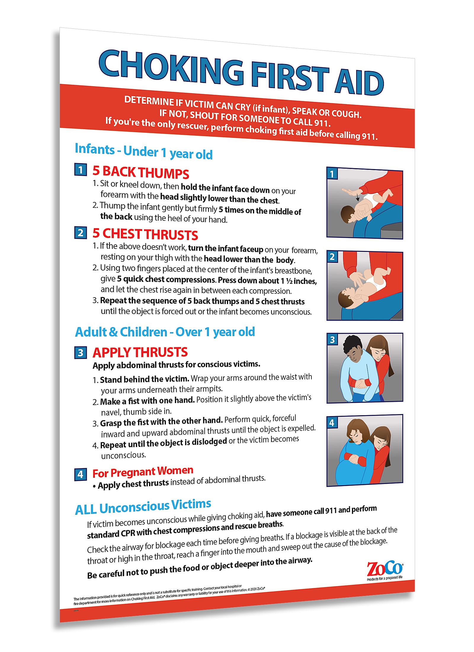 Choking Poster for Infant, Child, Adult - Laminated, 12 x 18 inches - Heimlich Maneuver Poster for Restaurants, Workplace, School Nurse Office - First Aid for Choking