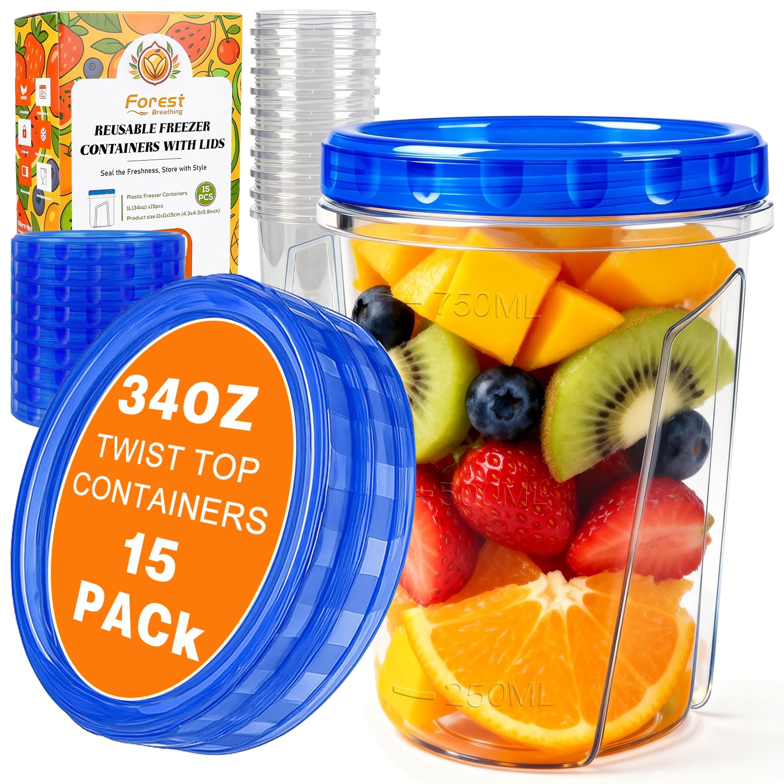 Photo 1 of 15 Pack 34oz Reusable Freezer Storage Containers with Twist Top Lids Airtight, Clear Plastic Soup Freezer Containers, Quart Food Storage Containers with Lids for Meal Prep Leftover Lunch Salad Fruit