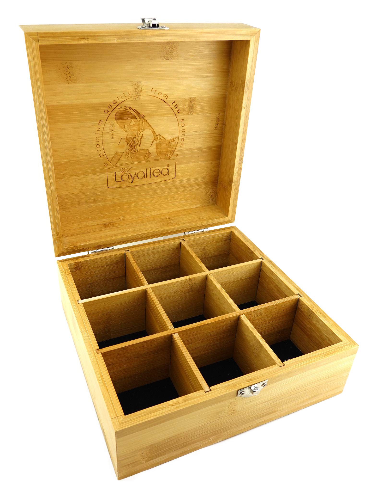 TigerTie - Decorative tea box made of bamboo with 9 compartments. With metal closure.