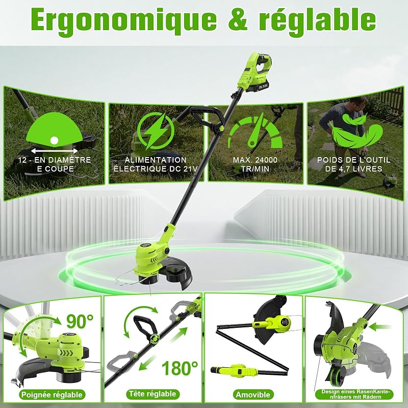 Débroussailleuse Électrique sans Fil 21V avec Écran LCD, Coupe-Bordure à Roues (30cm), Avancement Automatique du Fil, 8 Bobines Incluses, Tête Réglable et Multifonction. (Set Jardin Pro)