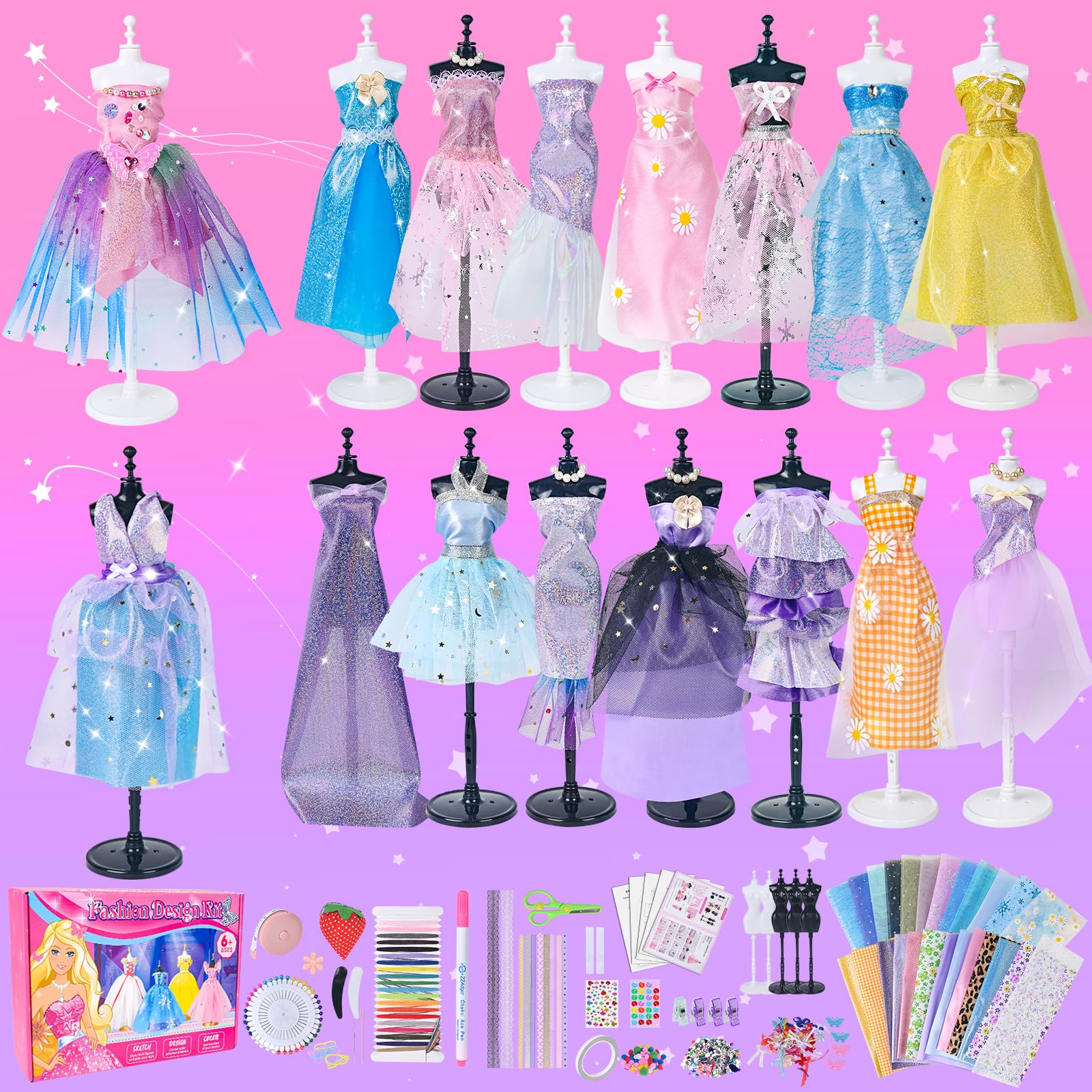 700+Pcs Fashion Designer Kit for Girls - Sewing Kit Arts and Crafts Set for Kids Ages 8-12 with 5 Mannequins & Instruction DIY Doll Clothes Making Learn to Sew Toys for Girls Christmas Birthday Gift