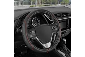 Motor Trend GripDrive Faux Black Leather Steering Wheel Cover for Car Truck Van SUV, Small 14 inch Size, Red Accent Stitched Car Steering Wheel Cover