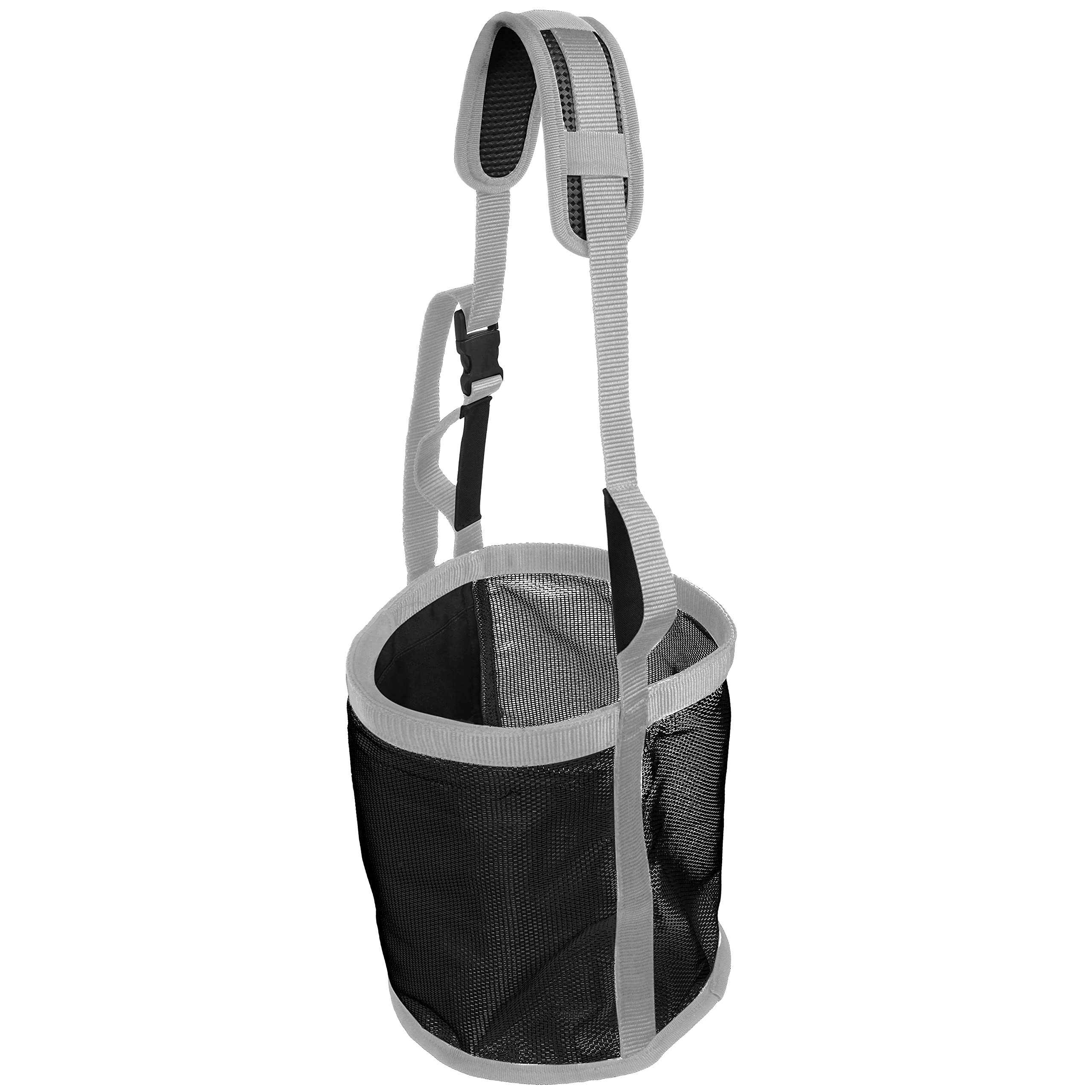 Majestic Ally Horse Feed Bag, Heavy Duty Nylon Mesh Grain Feed Bag, Adjustable Strap with Durable Snap and Elastic Straps, Comfort Neck Pad and Nose Pad- Large (Black)