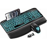SABLUTE Wireless Keyboard and Mouse Combo - Ergonomic Wave Keyboard with Soft Leather Wrist Rest, Phone Holder, Rechargeable, RGB Backlit Mouse, Full-Size Set for Windows/Mac/Computer (Black)