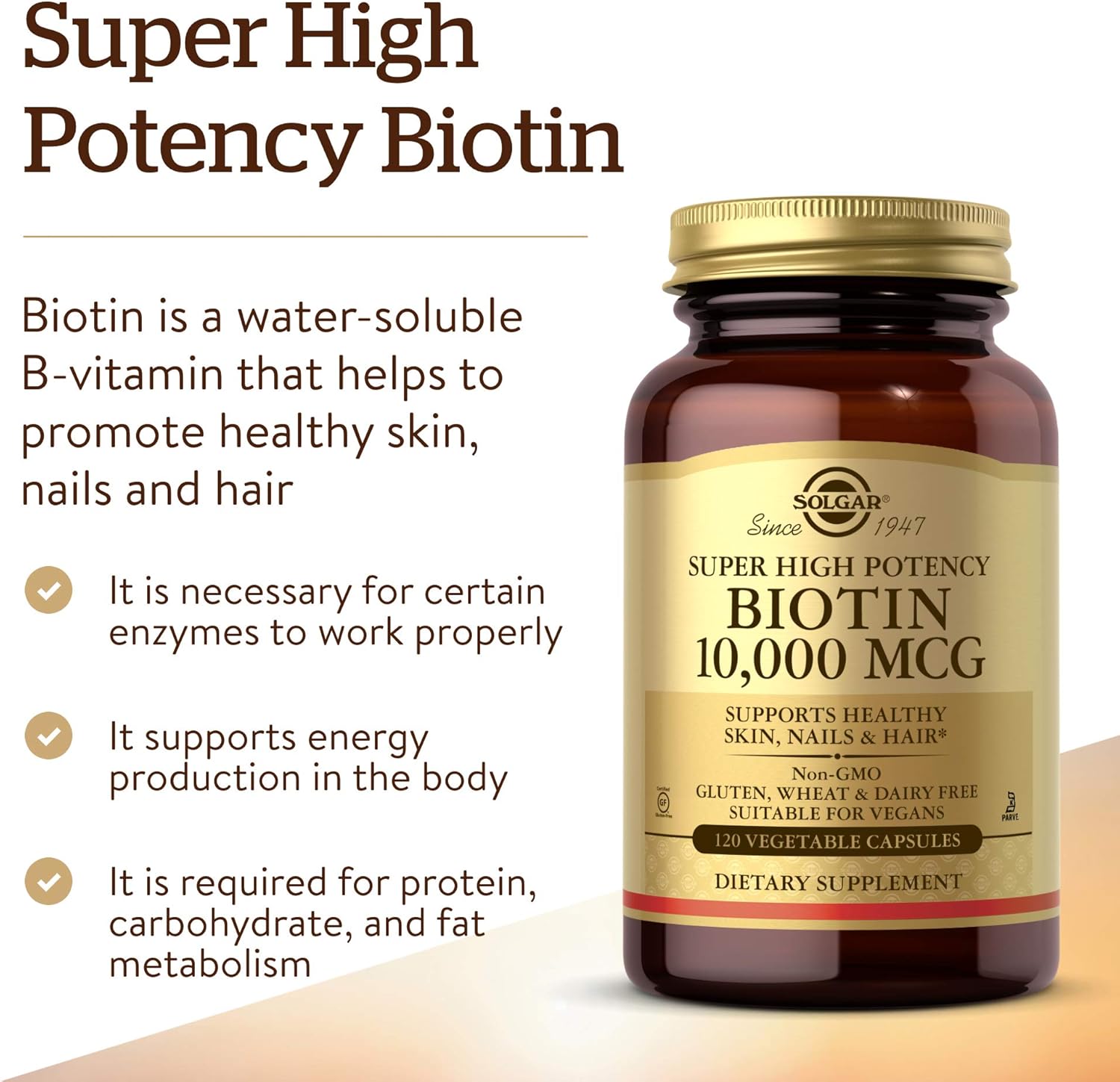 Solgar Biotin 10,000 mcg, 120 Vegetable Capsules - Energy, Metabolism, Promotes Healthy Skin, Nails & Hair - Super High Potency - Non-GMO, Vegan, Gluten Free, Dairy Free, Kosher - 120 Servings: Health & Personal Care