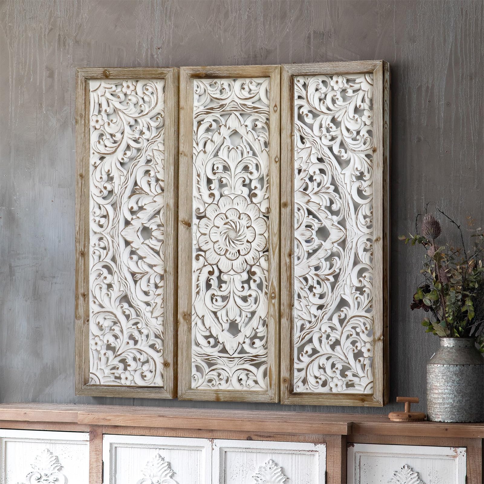 CASOLLY Carved Wood Wall Decor,Floral-Patterned Wooden Panels (Set of 3