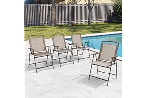Crestlive Products Set of 4 Patio Folding Chairs 4-Pack Dining Chairs Outdoor Portable Sling with Armrest for Camping, Beach, Garden, Pool, Backyard, Deck (Beige)