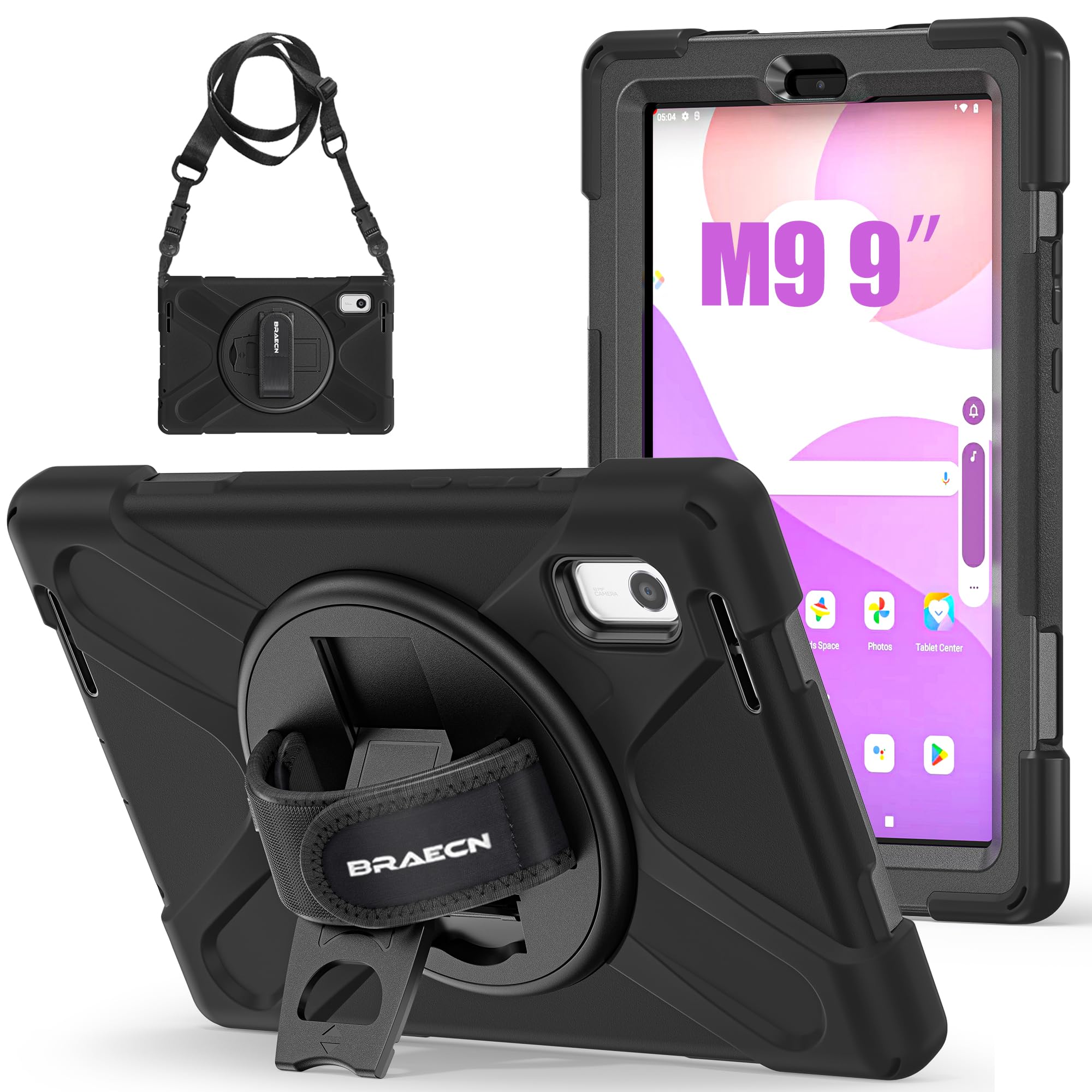 BRAECN Case for Lenovo M9 Tablet 9 Inch 2023 TB310FU, Heavy Duty Rugged Protective Cover with 360° Rotating Kickstand & Hand Strap, Shoulder Strap, Black