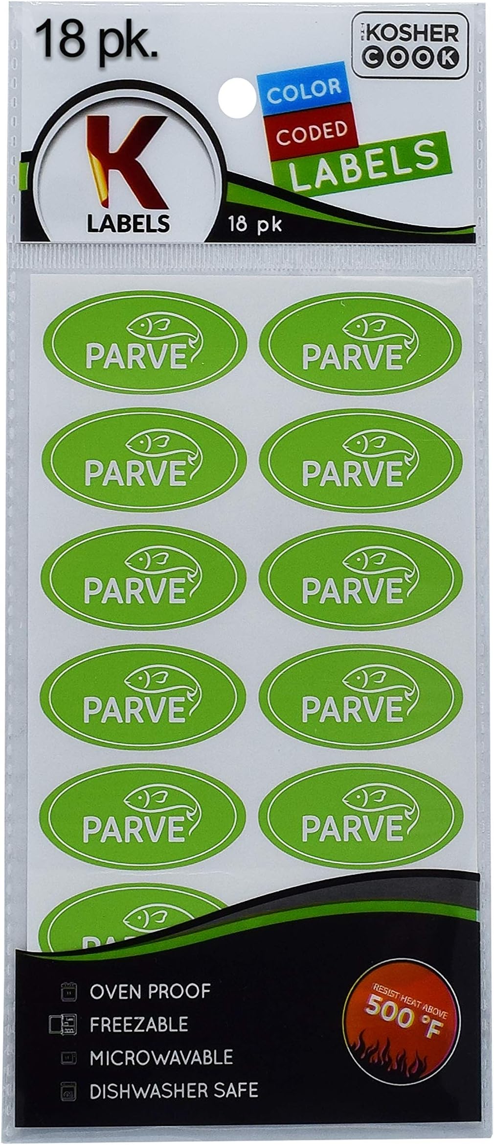 18 Parve Green Kosher Labels - Oven Proof up to 500°, Freezable, Microwavable, Dishwasher Safe, English - Color Coded Kitchen Stickers