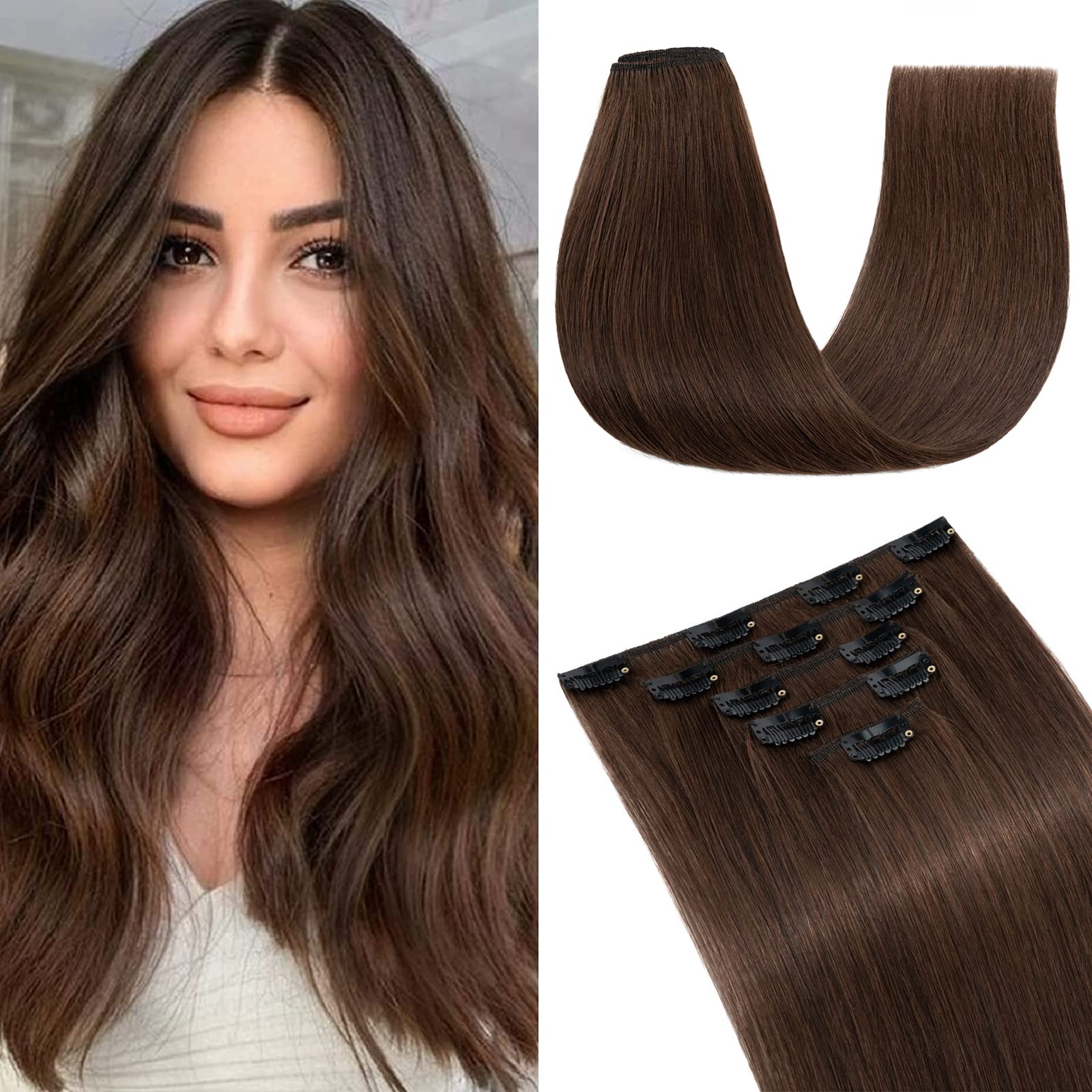S-noilite Clip in Hair Extensions Real Human Hair,5Pcs 12 Clips Remy Natural Hair Extension Seamless Clip in Hair Extensions for Women (14 inch, Medium Brown) โ image 1