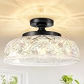 Slypadan Semi Flush Mount Ceiling Light,Vintage Kitchen Fixture,Black,12" | 3-Light, Glass Globe, Farmhouse, Antique Elegant Design, Easy Installation for Bedroom,Bathroom,Hallway Dining Room,Entryway