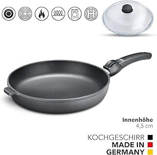 Hoffmann Extra große Aluguss Bratpfanne 32 cm mit Deckel Induktion 4,5 cm Innenhöhe I Made in Germany I Antihaft Beschichtung I Verzugsfreier Boden I PFOA-Frei I Induktionsgeeignet mit Glasdeckel
