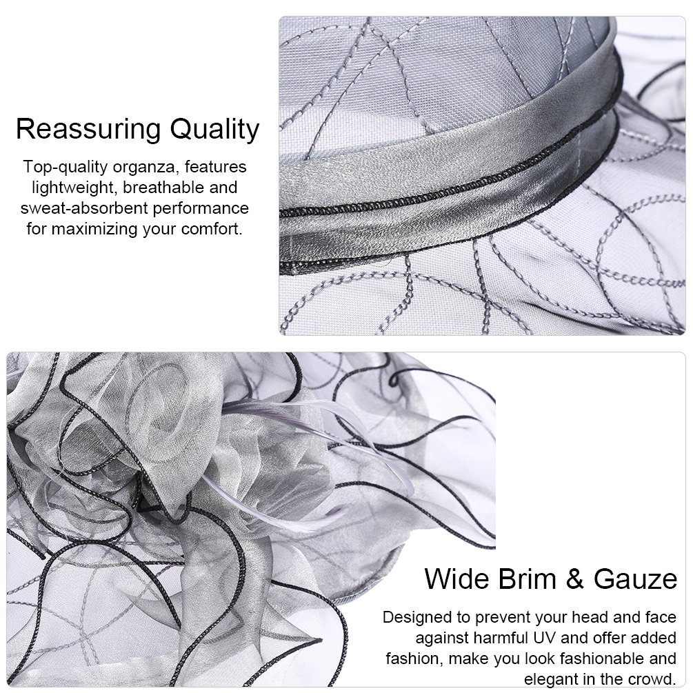 Vbiger Women\'s Summer Kentucky Derby Hat Large Brim Sun Hats Ascot Race Derby Hat for Cocktail Tea Party Wedding (Grey 2)