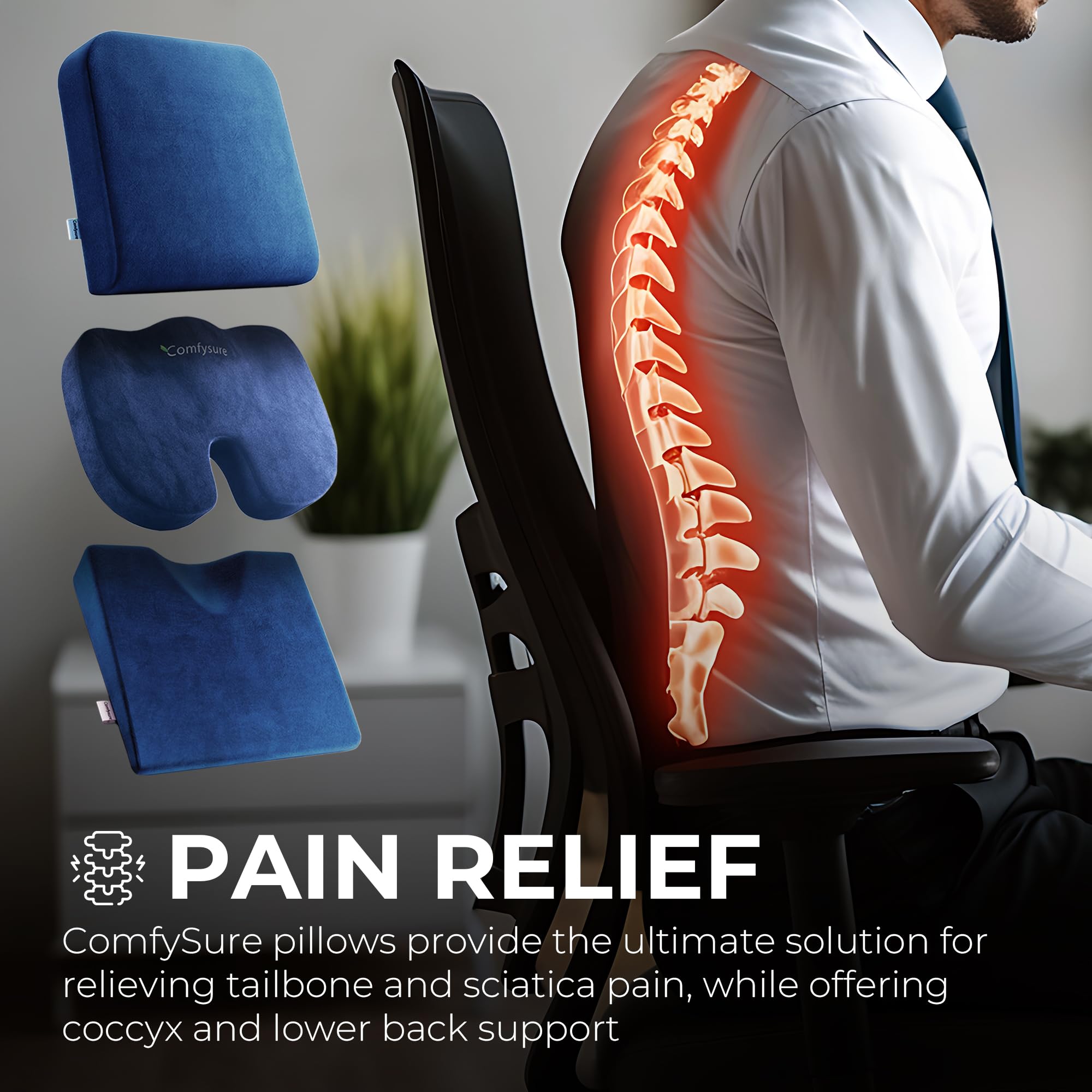 ComfySure Wedge Pillow for Office Chair Cushion and Car Seat Cushion - Medium Firm Memory Foam Seat Pad for Truck Seat, Gaming Chair - Orthopedic Support and Pain Relief for Tailbone and Hip
