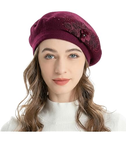 Amazon.com: Flower Embroidery Beret Hat for Women, French  display picture 3