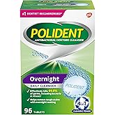 Polident Overnight Daily Denture Cleanser, 4 in 1 Cleaning System, Stain and Plaque Remover, Triple Mint Fresh, 96 Tablets (P