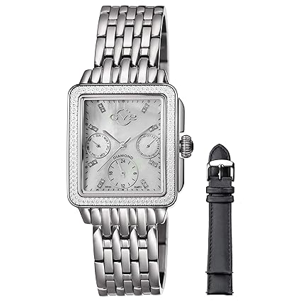 GV2 by Gevril Bari Multi Womens Diamond Chronograph Swiss Quartz Rectangle with Additional Black and Red Leather Straps Stainless Steel Bracelet Watch, (Model: 9210)