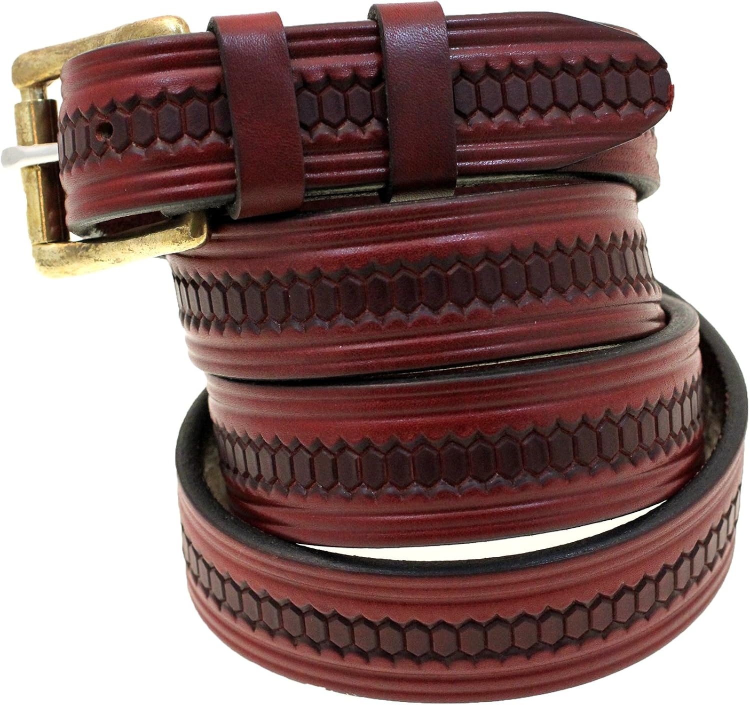 Men 1 1/4 Burgundy Latigo Embossed Leather Belt Double Loops Nickel