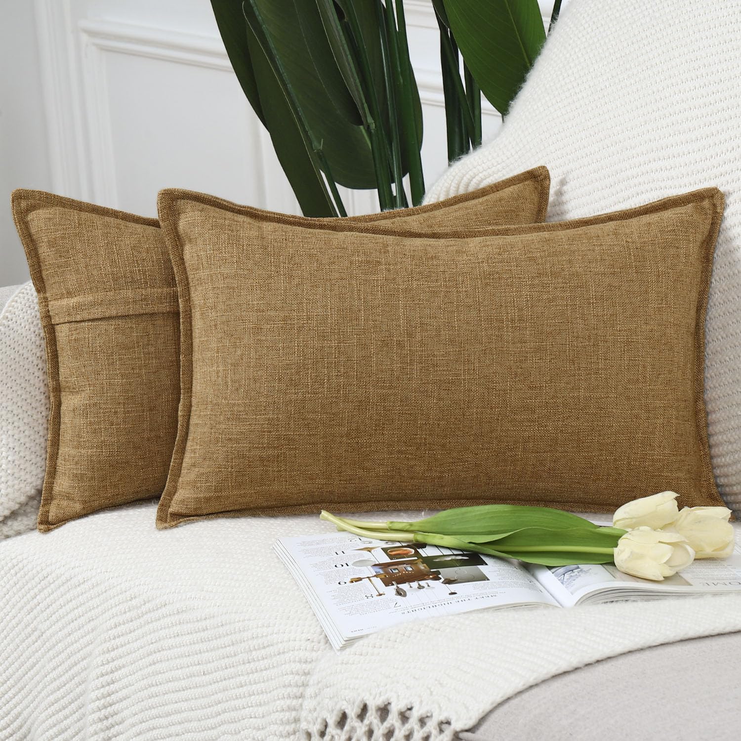 Madizz Set of 2 Faux Linen Cushion Covers 12x20 inch, 30x50 cm, Ginger Soft Decorative Couch Pillows for Bed Pillowcases for Sofa Livingroom Home Decor