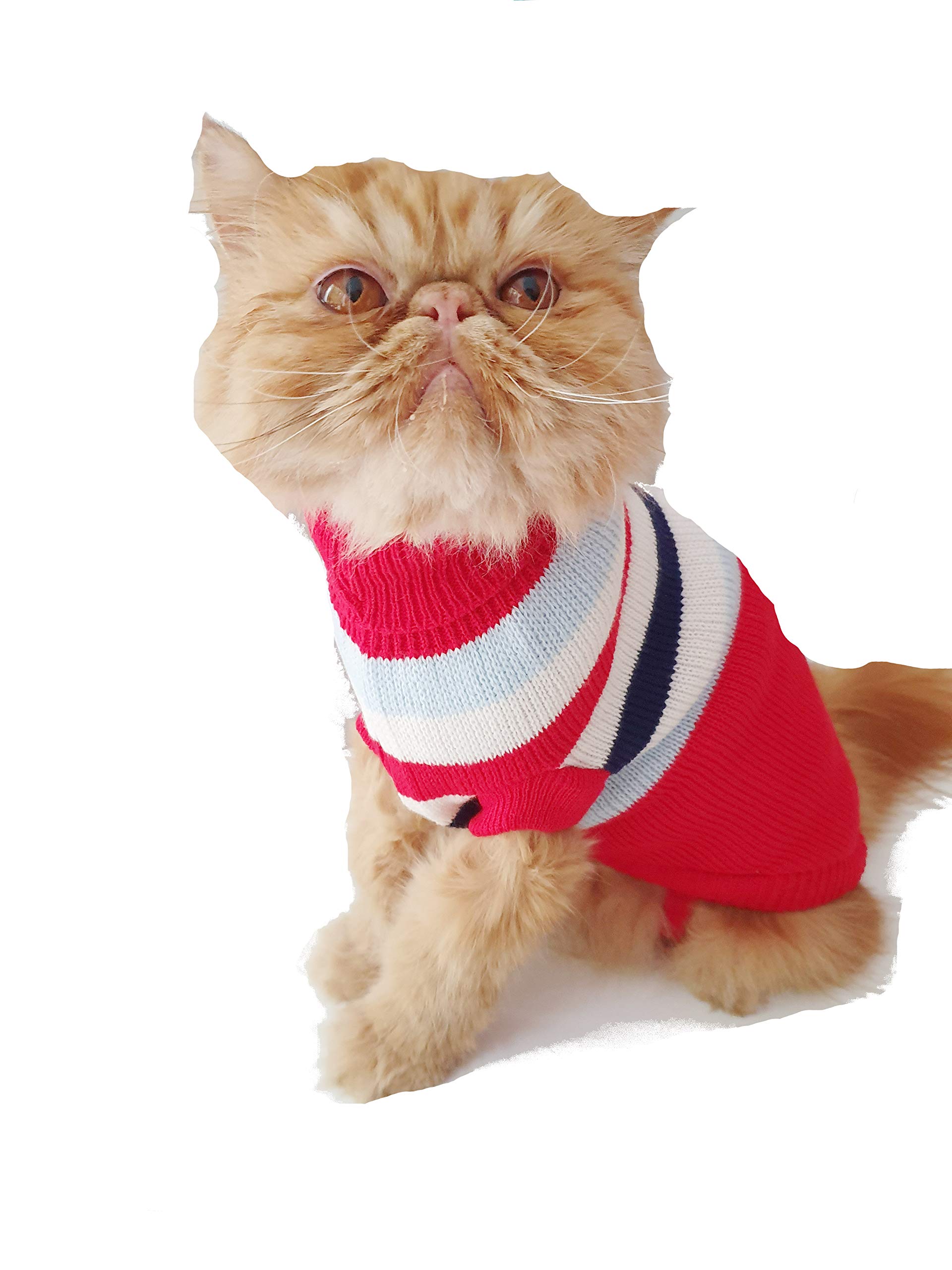 Cute Knitted SMALL MEDIUM LARGE Puppy Cat Kitten Warm Winter Girl Boy Cold Weather Vest Sweatshirt Clothes Jacket Coat Christmas Ideas Pullover Jumper Sweater Big Stripes Red White L (14)