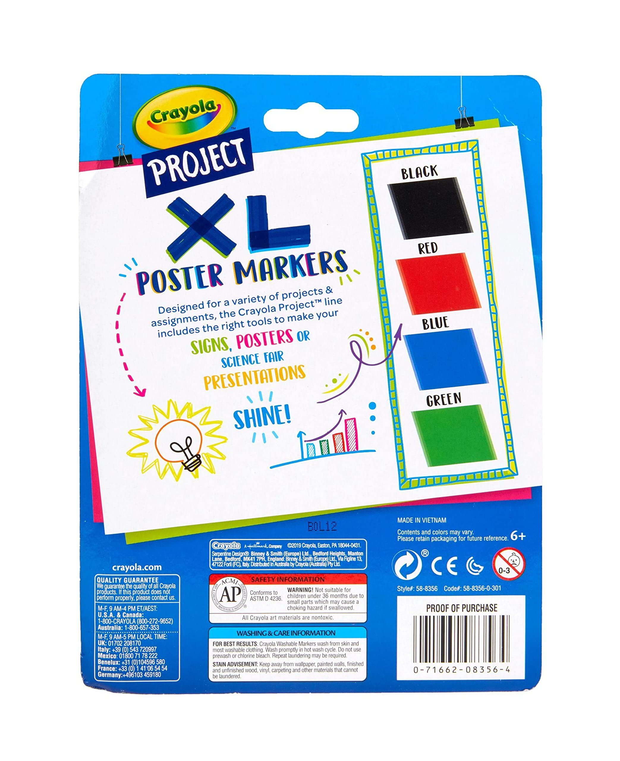 Crayola XL Poster Markers, Assorted Classic Colors, School Supplies, 4 Count