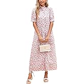 Women's Summer Floral Midi Dress Casual Ruffle Neck Puff Sleeve Button Down Shirt Dresses,No Stretch